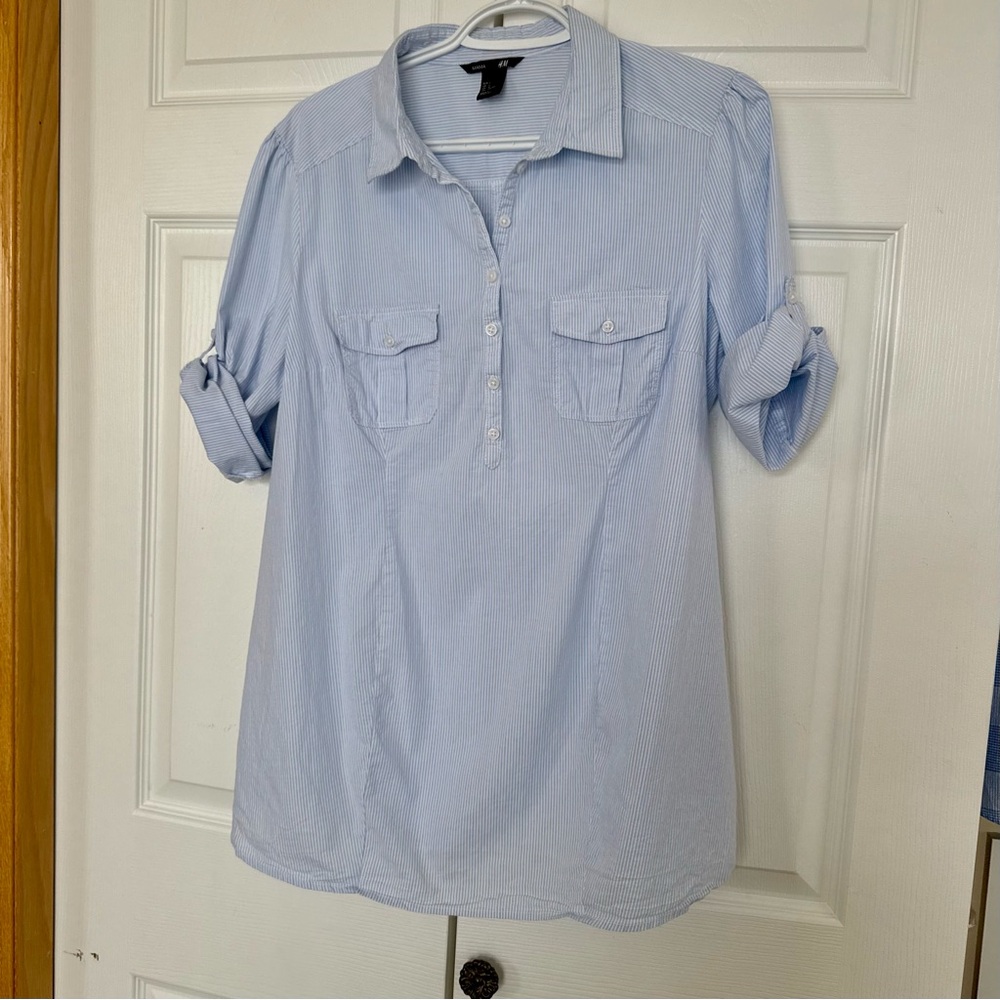 H&M Light Blue striped Button-Down Maternity Shirt Size Large